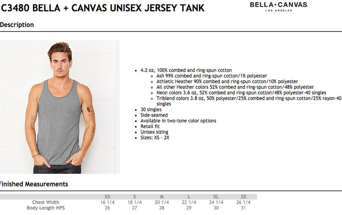 Bella Tank Tops Size Chart