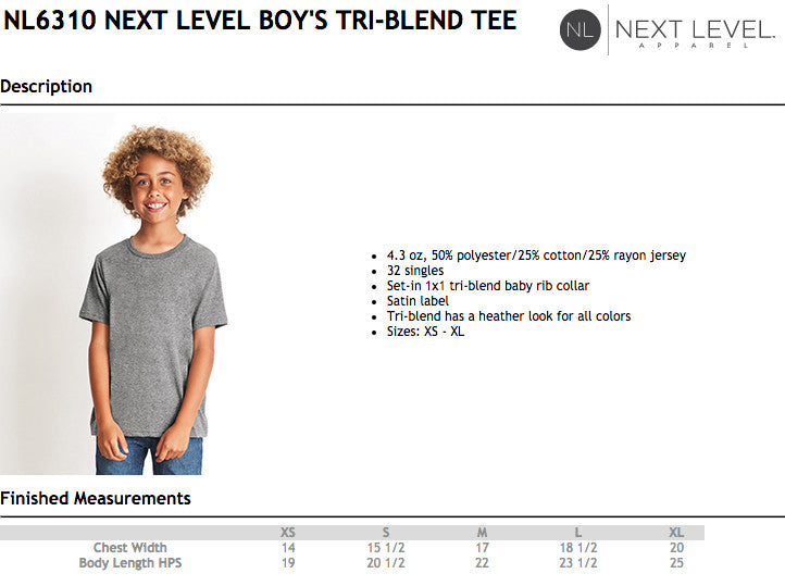 Next Level Tri Blend Size Chart