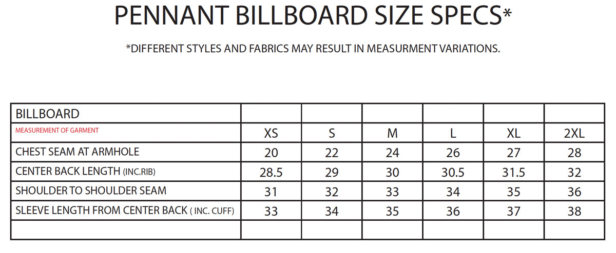 Pennant Size Chart