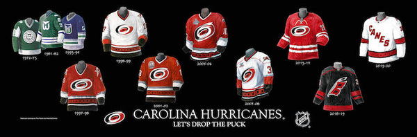 NHL poster that shows the evolution of the Carolina Hurricanes jersey.