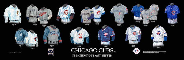 MLB poster that shows the evolution of the Chicago Cubs uniform.