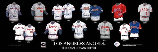 MLB poster that shows the evolution of the Los Angeles Angels uniform.