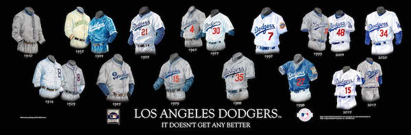 MLB poster that shows the evolution of the Los Angeles Dodgers uniform.