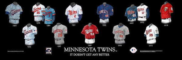MLB poster that shows the evolution of the Minnesota Twins uniform.