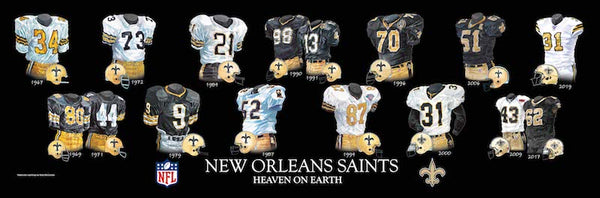 NFL poster that shows the evolution of the New Orleans Saints uniform.