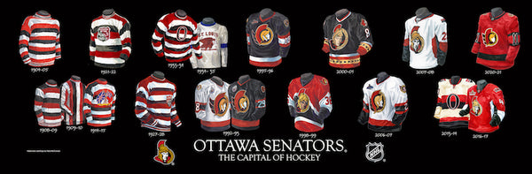 NHL poster that shows the evolution of the Ottawa Senators jersey.