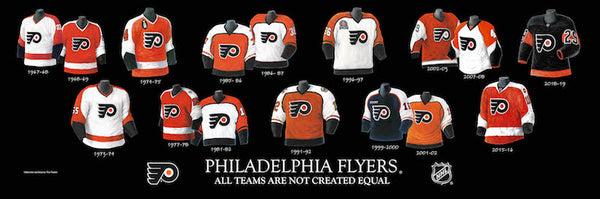 NHL poster that shows the evolution of the Philadelphia Flyers jersey.