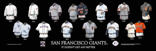 MLB poster that shows the evolution of the San Francisco Giants uniform.