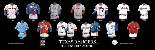 MLB poster that shows the evolution of the Texas Rangers uniform.