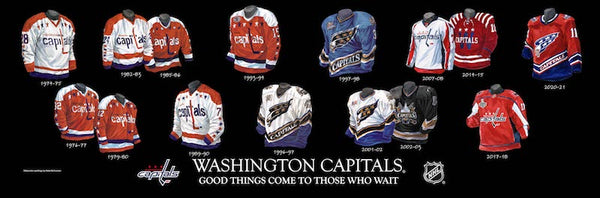 NHL poster that shows the evolution of the Washington Capitals jersey.