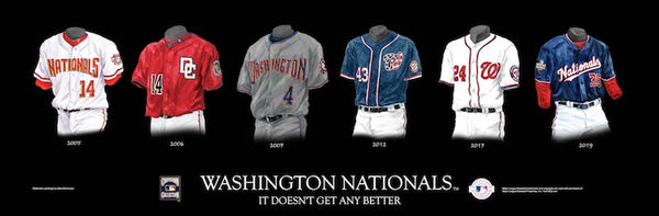 MLB poster that shows the evolution of the Washington Nationals uniform.