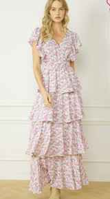 Pink floral ruffle maxi dress