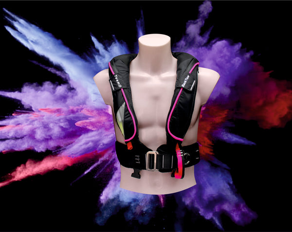 Gilet de sauvetage Teamo marine Fluro Rose avec technologie BackTow. Gilet de sauvetage rose et violet