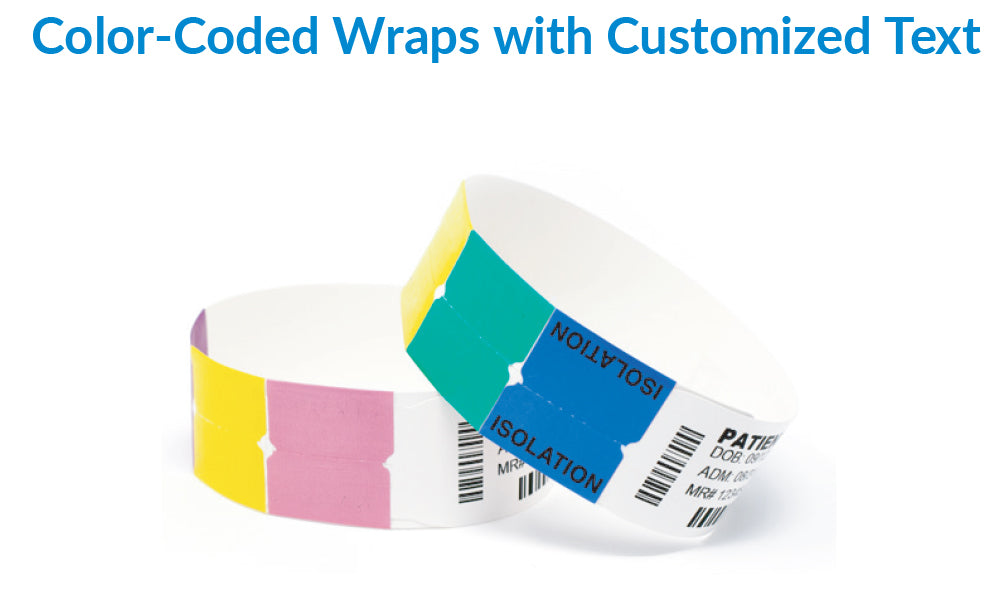 Color-coded wraps with customized text for hospital wristbands