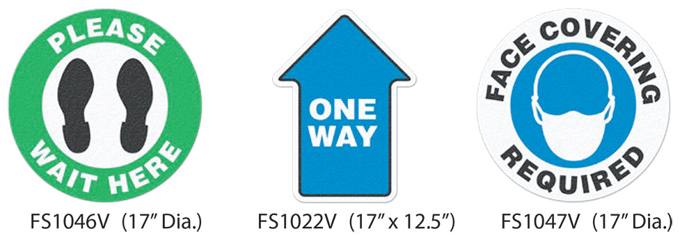 maintain your distance signs, one way sign and face covering sign.