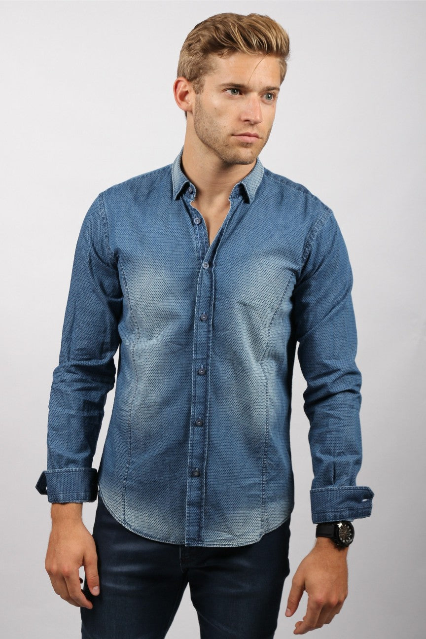 Eight-X | Designer Dress Shirts - Navy Pattern Stone Wash Denim