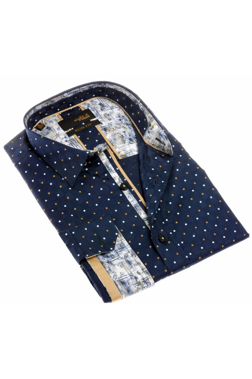 Eight-X | Designer Dress Shirts | Navy Blue Polka Dot Print Fil Coupé Shirt Navy / 3XL