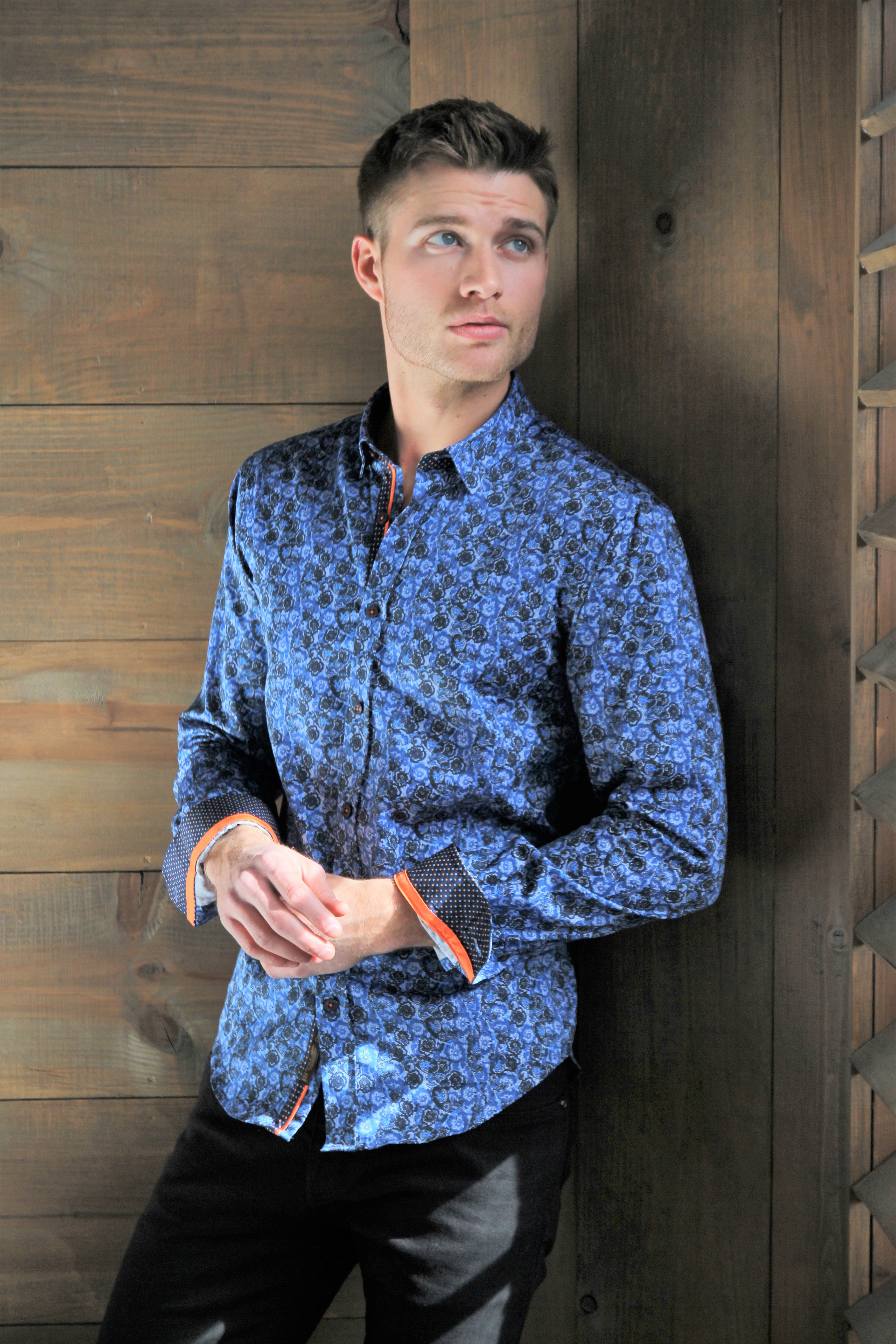 latín Sabio el plastico Ocho-X | Camisas de vestir de diseñador | Camisa con estampado digital  Paisley azul marino con ribete – Eight-X