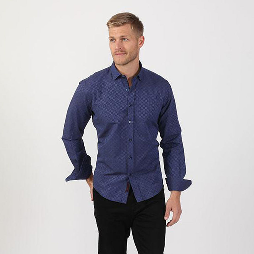 Eight-X | Designer Dress Shirts | Navy Blue Polka Dot Print Fil Coupé Shirt Navy / 3XL