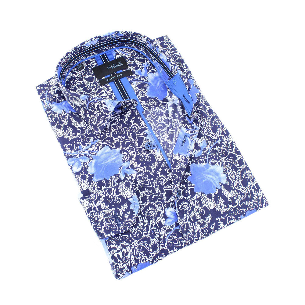 Eight-X | Designer Dress Shirts | Navy Blue Polka Dot Print Fil Coupé Shirt Navy / 3XL