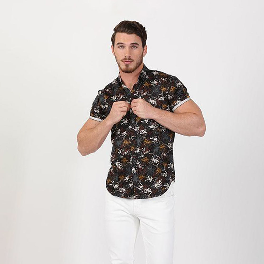 Eight-X | Designer Dress Shirts | Black Sketch Print Short Sleeve Shirt