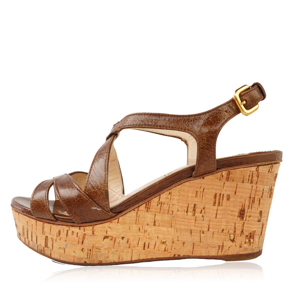 PRADA BROWN LEATHER WEDGE SANDALS – 