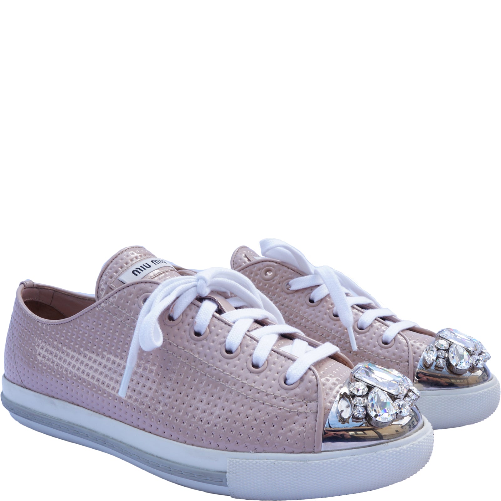 MIU MIU PINK CRYSTAL CAP-TOE SNEAKERS – leefluxury.com