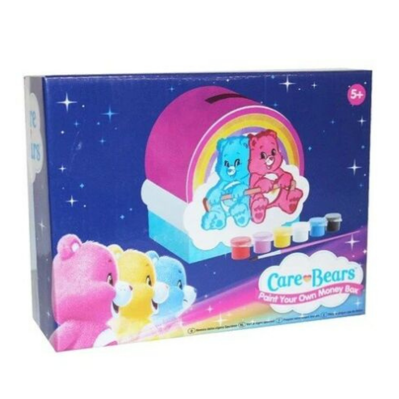 A dark blue starry box showcasing Care Bears in pink, yellow and blue. There is a rainbow-shaped money box with the blue and pink bears on it, as well as a set of six paints and a brush.