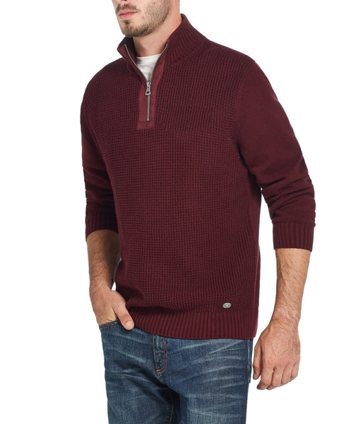 Waffle Texture Quarter-Zip Sweater in Deep Burgundy
