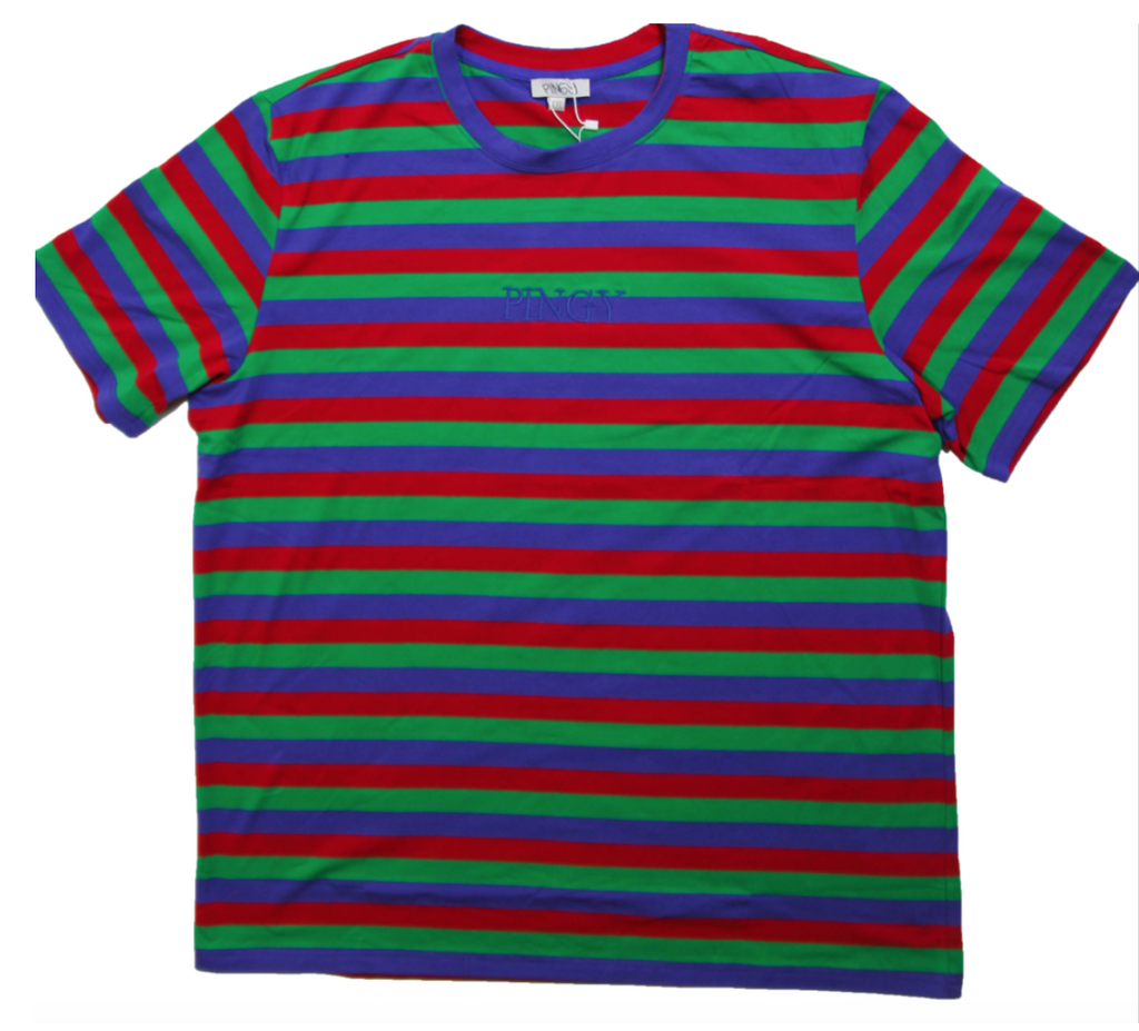 red yellow green blue striped shirt