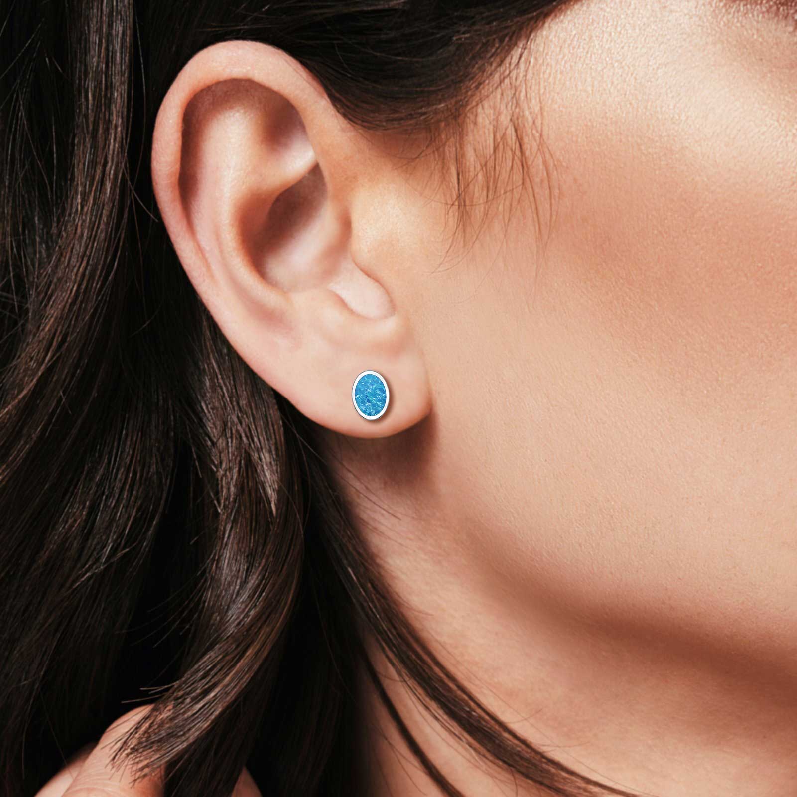 Oval Stud Earrings Lab Created Blue Opal 925 Sterling Silver (6mm-12mm)