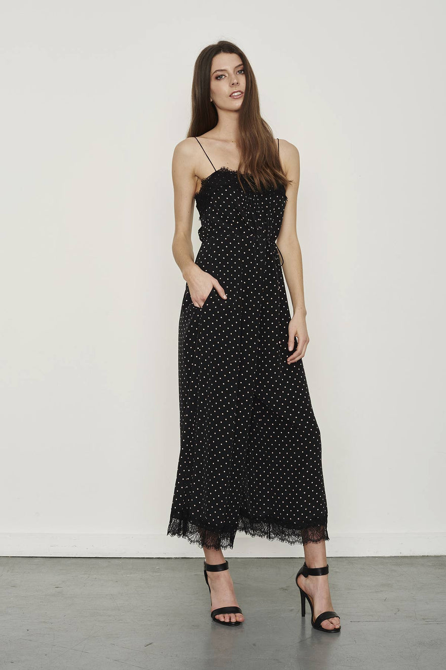 Black Spot Strappy Lace Trim Midi Slip Dress