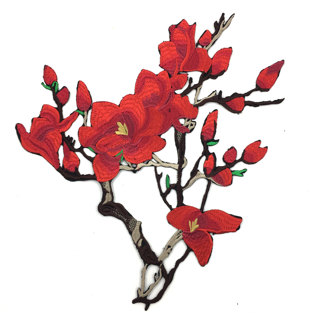 Rode Magnolia Bloesem Bloemen Tak XL Strijk Embleem Patch