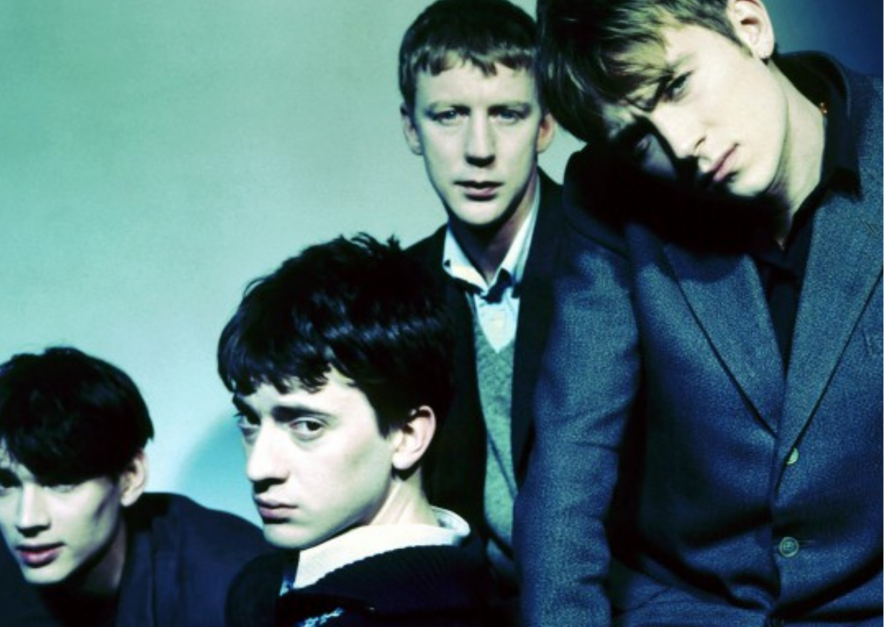 Pictured from left to right is Alex James, Graham Coxon, David Rowntree and Damon Albarn, of the band Blur, looking into the camera