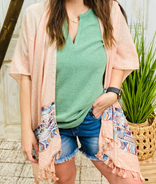 Light Coral Embroidery Trim Kimono