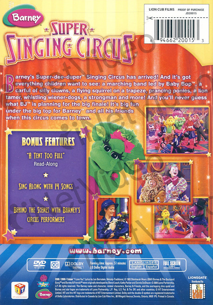 Barney Barneys Super Singing Circus On Dvd Movie