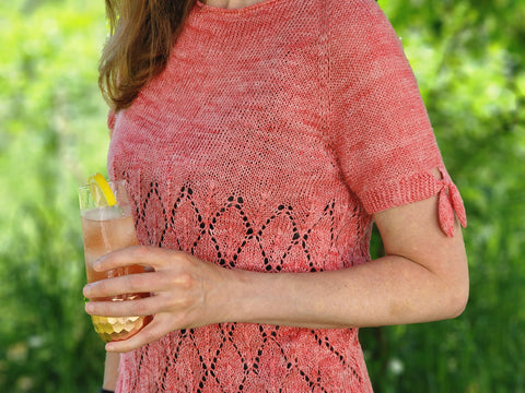 Photo of the Lemon Spritz Tee from Olive Knits - a short sleeved sweater with a lace body
