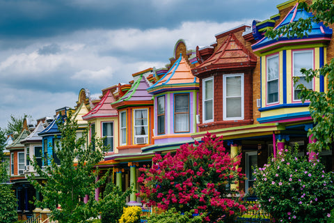 Row of brightly colored houses in Baltimore, Maryland