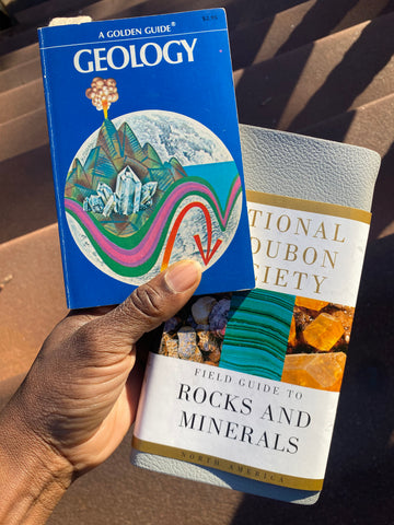 Two books about geology and mineralogy: Golden Guide Geology and National Audubon Society Field Guide to Gems and Minerals