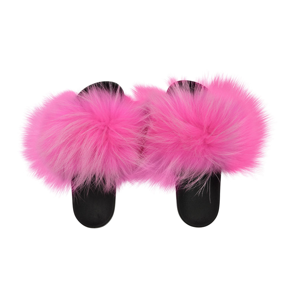 neon pink fur slides