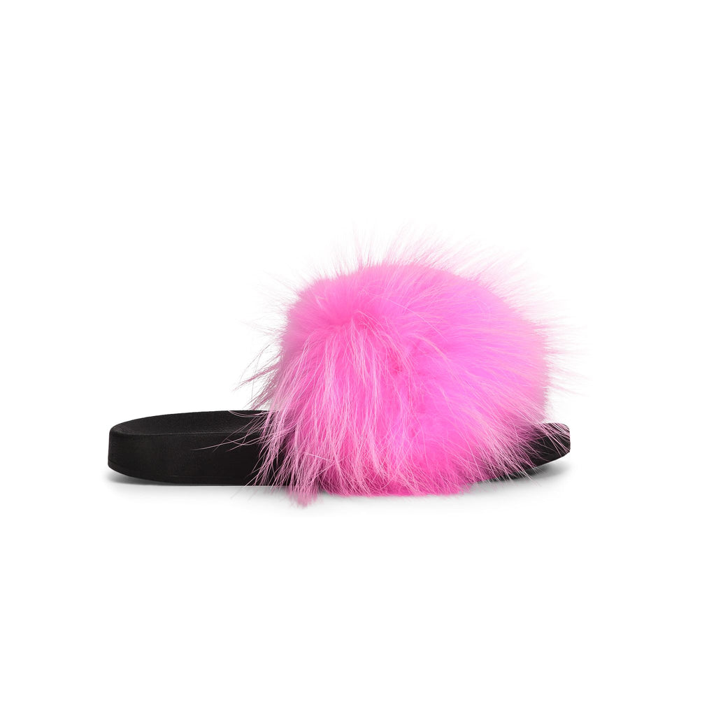 neon pink fur slides