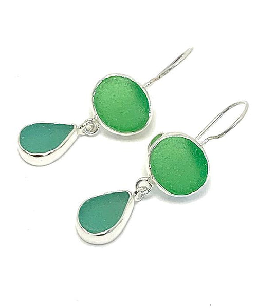 Green with Turquoise Sea Glass Double Drop Earrings
