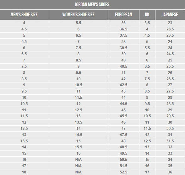 jordan one size chart