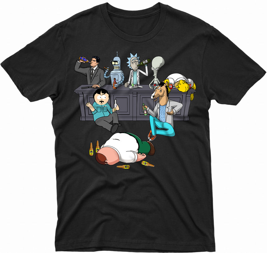 Auto Blot Stol Drinking Buddies Shirt with Archer, Bender, Rick, Homer, Peter, Bojack,  Randy, and Roger. | Threadfox