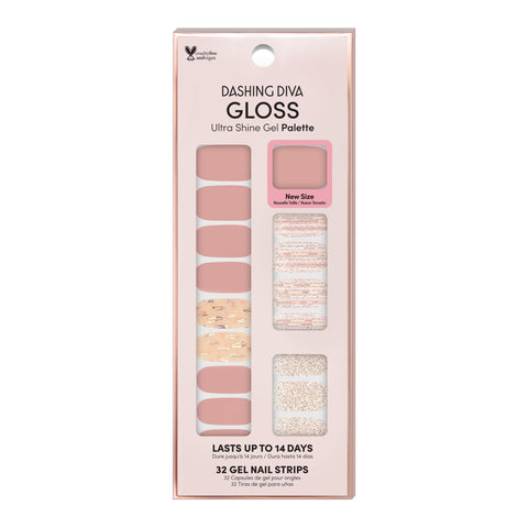 Dashing Diva GLOSS After Glow neutral pink gel nail strips with gold glitter accents.