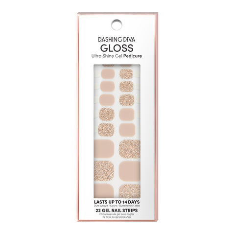 Dashing Diva GLOSS Pedicure neutral gel pedi strips with gold glitter accents.