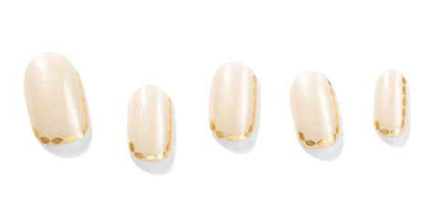 Dashing Diva GLAZE Grecian Gold off-white semi cured gel nail strips with intricate gold cuticle line accents.