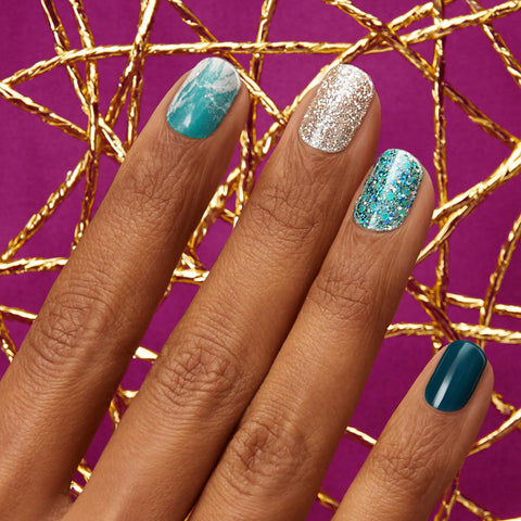 Dashing Diva GLOSS Ivy Opal emerald green gel nail strips with marble and glitter accents.