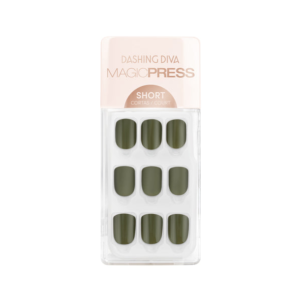Dashing Diva MAGIC PRESS glossy and matte olive green press-on gel nails.
