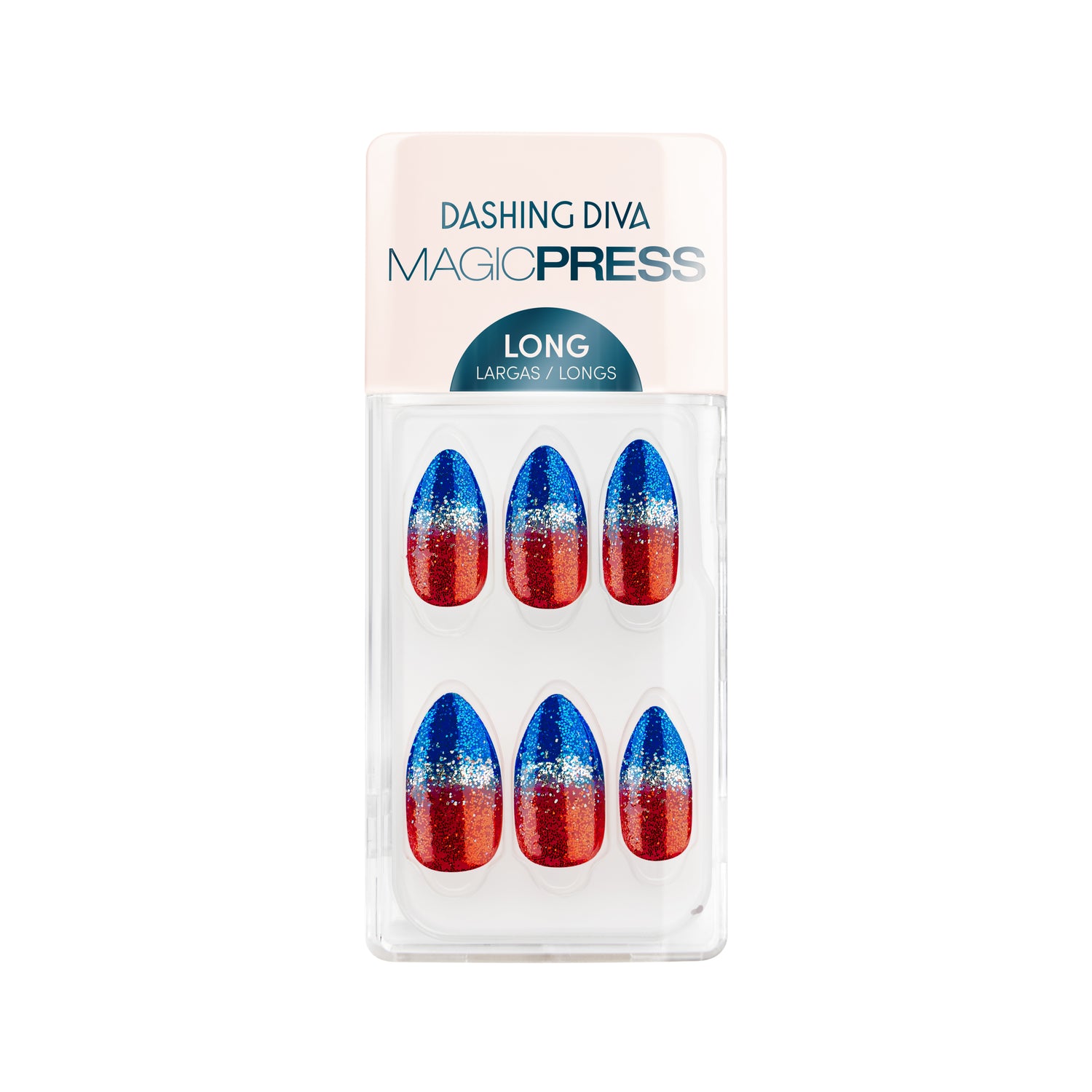 Dashing Diva Magic Press stiletto red white and blue sparkly metallic 4th of July false press on nails.